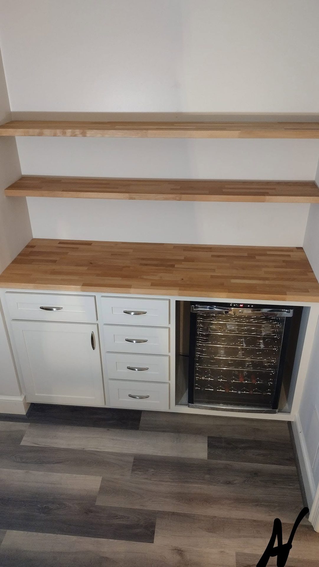 Beverage nook with solid-wood floating shelves, white shaker base cabinets, a solid-wood top in oak, maple, cherry, or walnut, and a built-in wine fridge